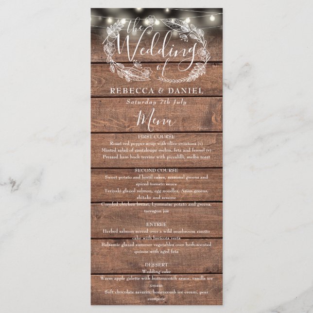 Strängljus Rustik Trä Blommig Bröllop Meny (Framsida)