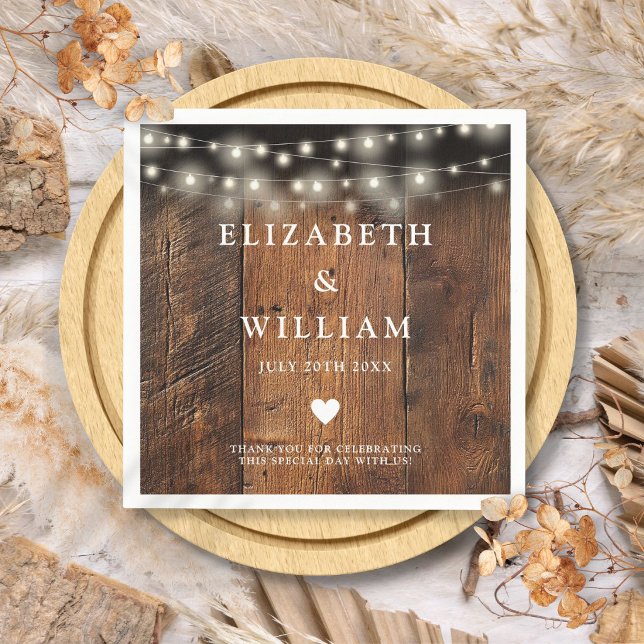 Strängljus Rustik Trä Boho Ladalager Bröllop Pappersservett (String Lights Rustic Wood Boho Barn Wedding Napkins)