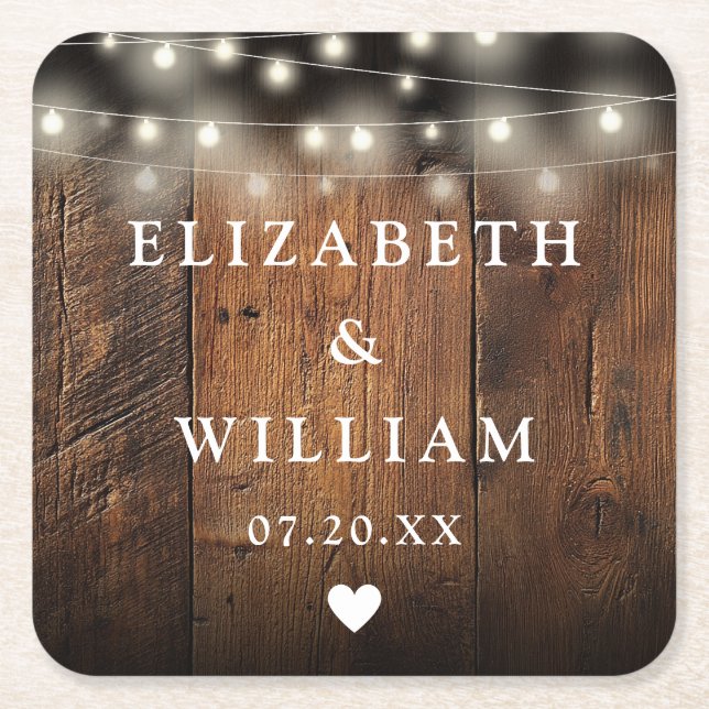 Strängljus Rustik Trä Boho LadalagerHochzeit Underlägg Papper Kvadrat (Framsidan)