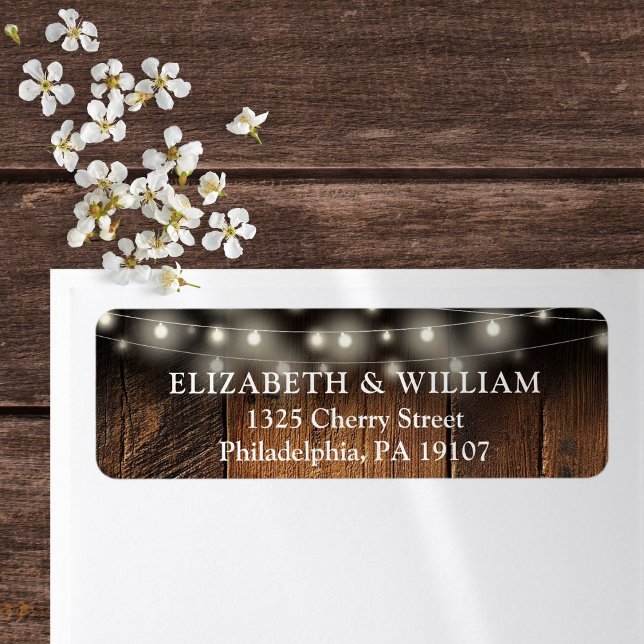 Strängljus Rustik Trä Bröllops Returadress Etikett (String Lights Rustic Wood Wedding return Address Label)
