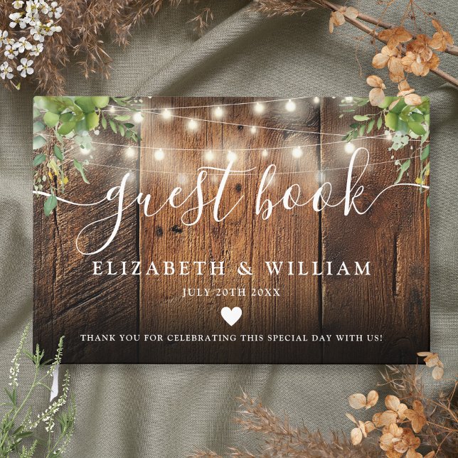Strängljus Rustik Trä Greenery Bröllop Gästböcker (String Lights Rustic Wood Greenery Wedding Guest Book)