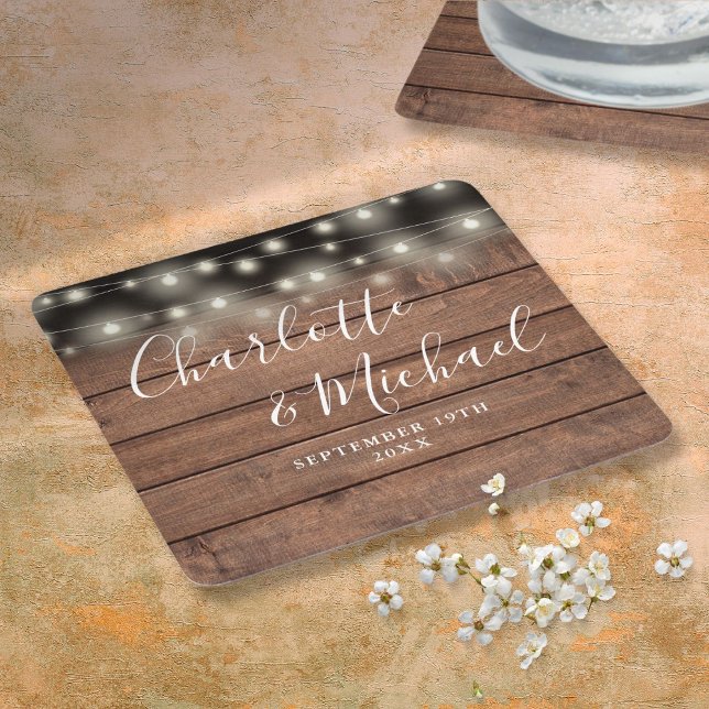 Strängljus Rustik Trä Signatur Skript Bröllop Underlägg Papper Kvadrat (String Lights Rustic Wood Signature Script Wedding Square Paper Coaster)
