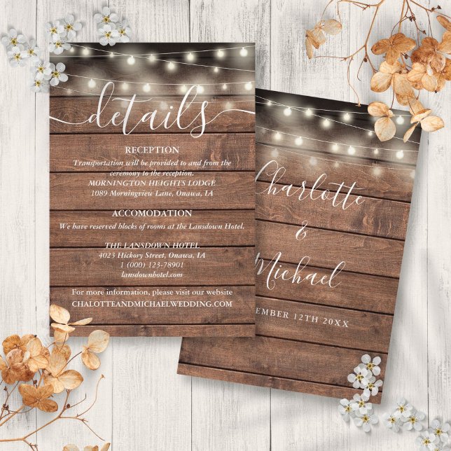 Strängljus Rustika Trädetaljer för Bröllop Tilläggskort (String Lights Rustic Wood Wedding Details Enclosure Card)