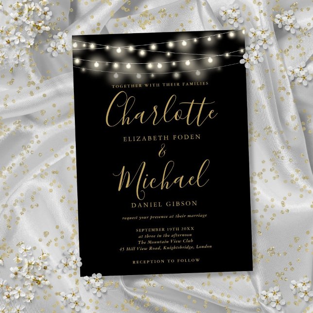 Strängljus Svart Guld Elegant Bröllop  Inbjudningar (String Lights Black Gold Elegant Script Wedding Invitation)