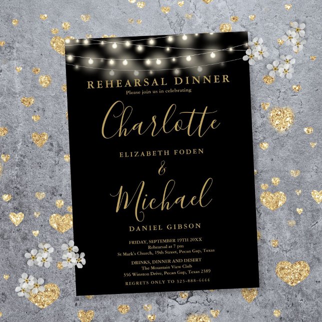 Strängljus Svart Guld Rehearsal Middag Inbjudningar (String Lights Black Gold Script Rehearsal Dinner Invitation)
