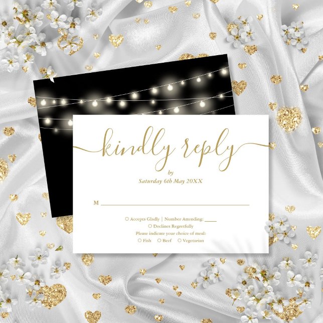 Strängljus Svart Och Guld Manuskript Måltidsval OSA Kort (String Lights Black And Gold Script Meal Choice RSVP Card)