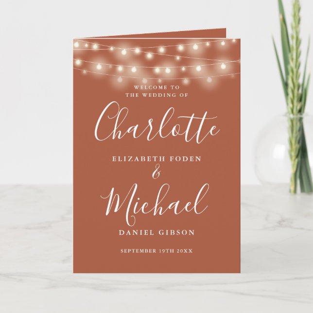 Strängljus Terracotta Elegant Bröllopskort Program (Framsida)