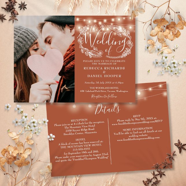 Strängljus Terracotta Foto Allt I Ett Bröllop Inbjudningar (String Lights Terracotta Photo All In One Wedding Invitation)
