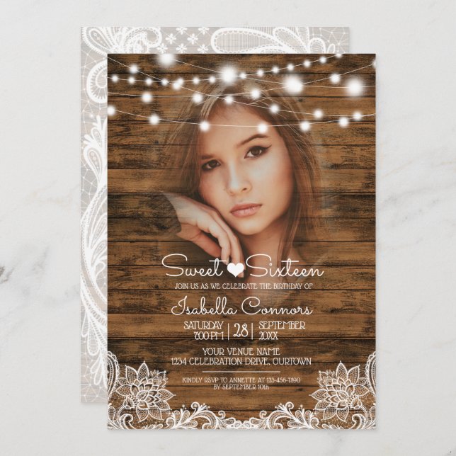 Strängljus Trä och Spets Söt 16 Fests Inbjudningar (Fram/baksida)