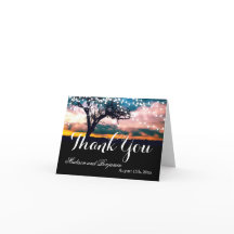 Strängljus Träd Solnedgång Bröllop Tacksamhetskort