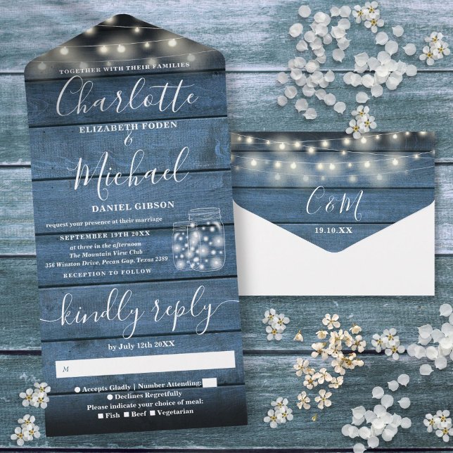 Stränglyktor Murade Krukor Blå Rustik Trä Bröllop (String Lights Mason Jars Blue Rustic Wood Wedding All In One Invitation)