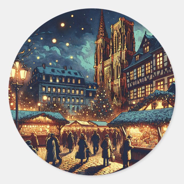 Strasbourg, Frankrike Julmarknaden Runt Klistermärke (Framsida)