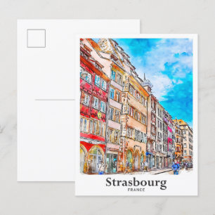 Strasbourg Frankrike Travel Watercolor Hand plocka Vykort