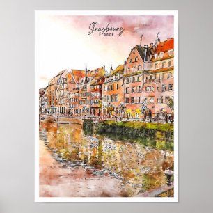 Strasbourg Frankrike vintage resor akvarell Poster
