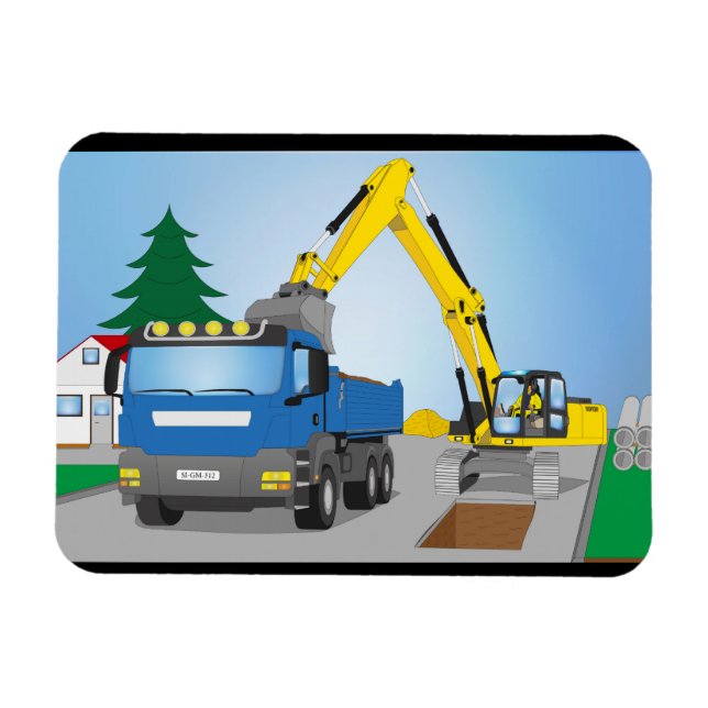 Straßenbaustelle mit blauem LKW und gelben Bagger Magnet (Horisontell)