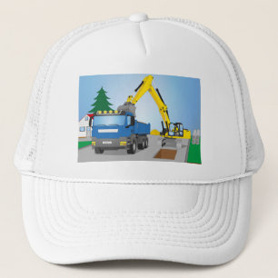 Straßenbaustelle mit blauem LKW und gelben Bagger Truckerkeps