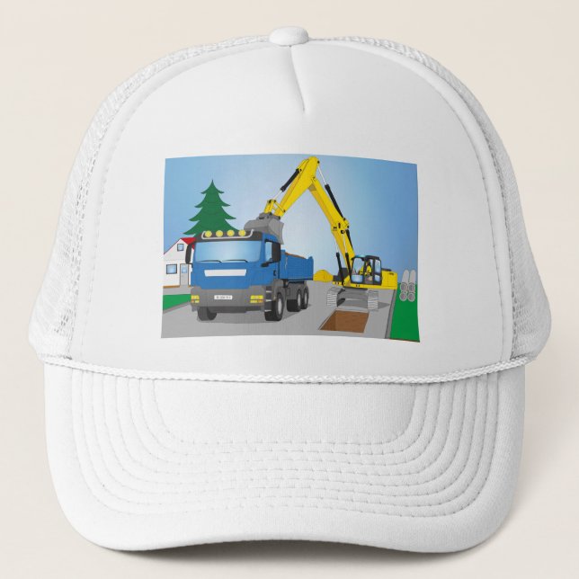 Straßenbaustelle mit blauem LKW und gelben Bagger Truckerkeps (Framsida)
