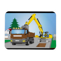 Straßenbaustelle mit braunem LKW und gelben Bagger