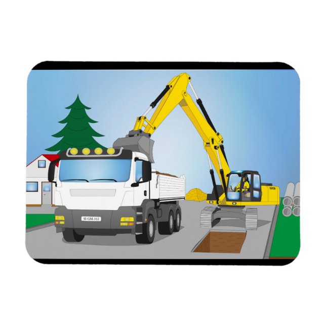 Straßenbaustelle mit weißem LKW und gelben Bagger Magnet (Horisontell)