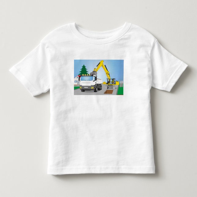 Straßenbaustelle mit weißem LKW und gelben Bagger Tee Shirt (Framsida)