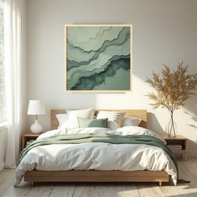 Stratifierad Abstrakt - ekologisk modern Poster (Stratified Sage Poster: Tranquil Organic Modern Art in Natural Wood Frame.)