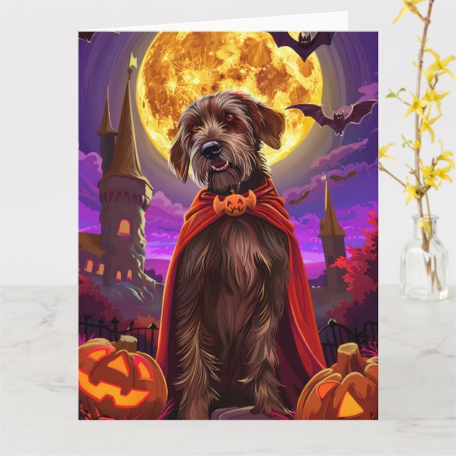 Strävhårig Stående Griffon Vampire Pumpa Skräckinj Kort (Gul blomma)