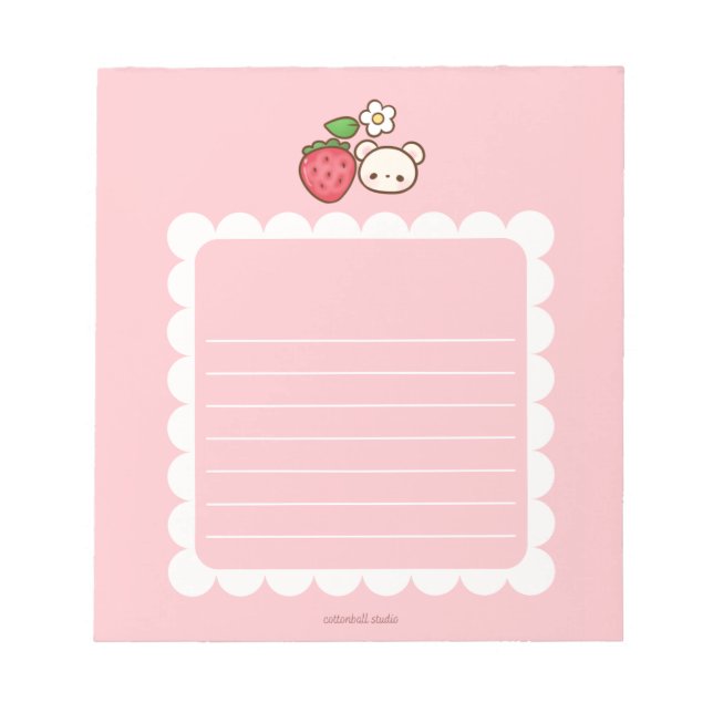 Strawbeary Pink Scallop Border Cute Bear Notepad Anteckningsblock (Framsida)