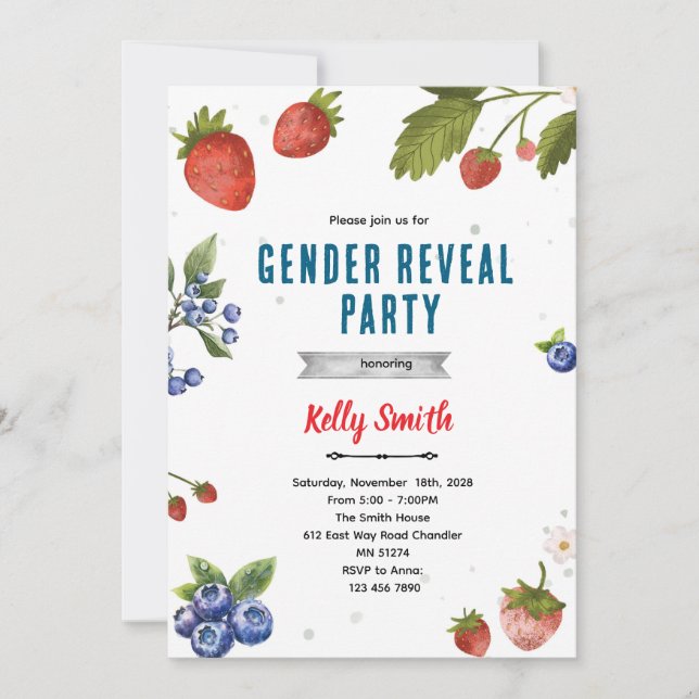 Strawberries and Blueberries Gender Reveal invite Inbjudningar (Framsida)