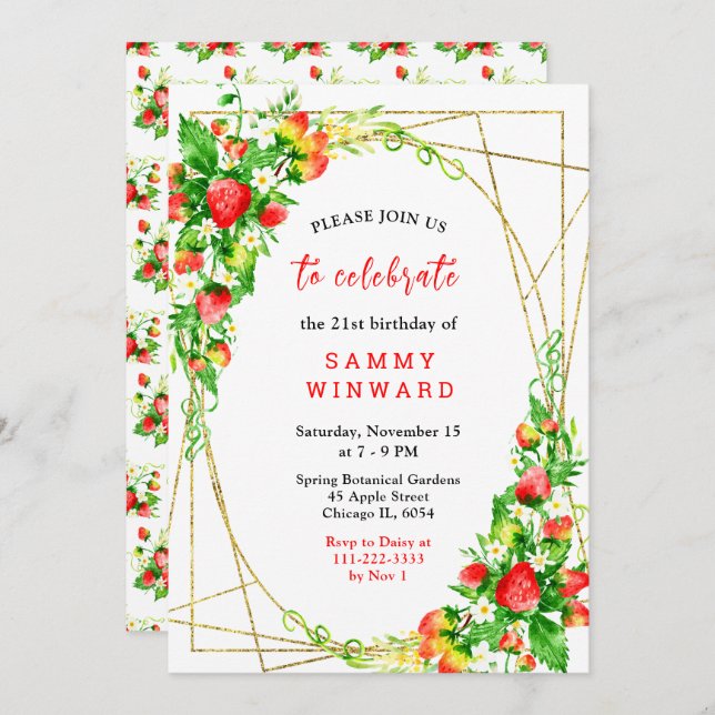 Strawberries and Daisies Birthday Inbjudningar (Fram/baksida)