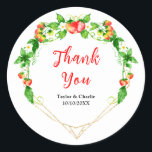 Strawberries and Daisies Wedding Thank You Runt Klistermärke<br><div class="desc">This beautiful and elegant wedding thank you sticker features watercolor strawberries,  daisies and foliage on a gold geometric frame. The text combines handwritten script and serif fonts for a stylish and modern look. This is perfect for a spring or summer rustic wedding.</div>