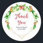 Strawberries and Daisies Wedding Thank You Runt Klistermärke<br><div class="desc">This beautiful and elegant wedding thank you sticker features watercolor strawberries,  daisies and foliage on a gold geometric frame. The text combines handwritten script and serif fonts for a stylish and modern look. This is perfect for a spring or summer rustic wedding.</div>