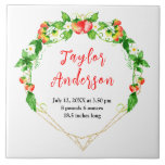 Strawberries and Foliage Baby Birth Stats Kakelplatta<br><div class="desc">This fun and whimsical tile features watercolor strawberries, daisies and foliage on a gold geometric frame. The text combines handwritten script and serif fonts for a stylish and modern look. It can be personalized with your baby's birth stats, such as name, size, date and time of birth, or if you...</div>