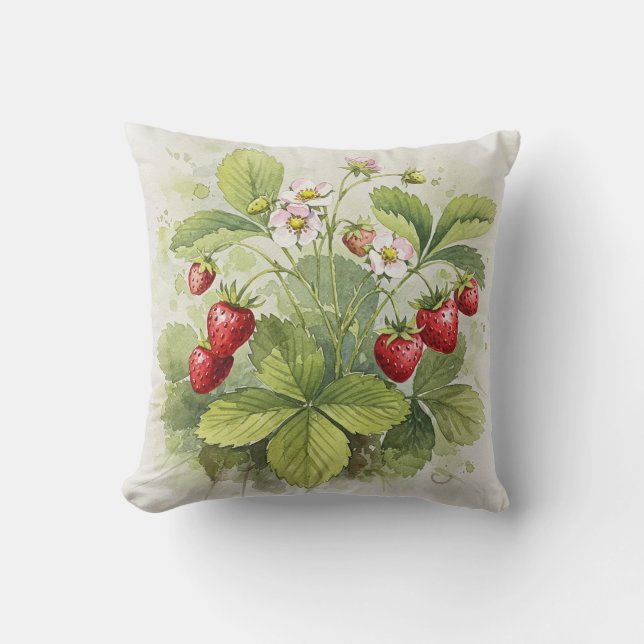 Strawberries Red Green Summer Flower Pillow Kudde (Framsida)
