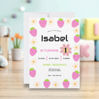 Strawberry 1st Birthday Invite First Berry Sweet Inbjudningar