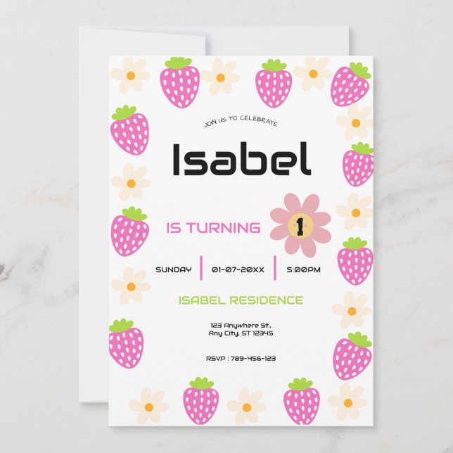 Strawberry 1st Birthday Invite First Berry Sweet Inbjudningar (Framsida)
