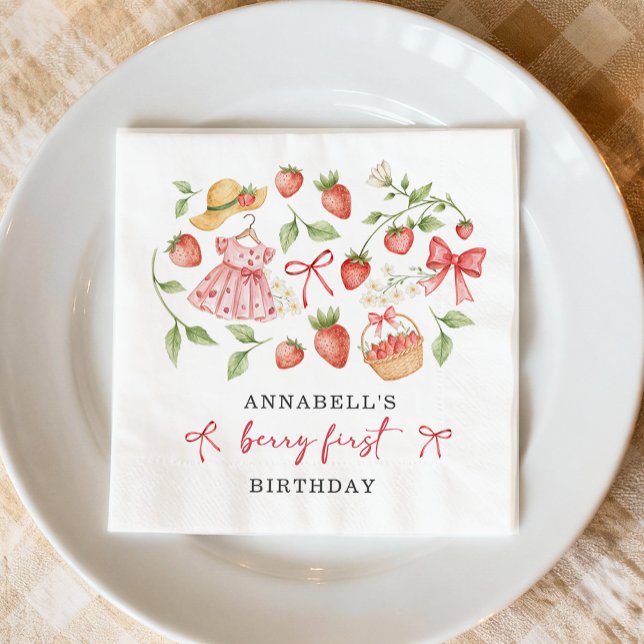 Strawberry 1st Birthday Invite First Berry Sweet Pappersservett (Skapare uppladdad)
