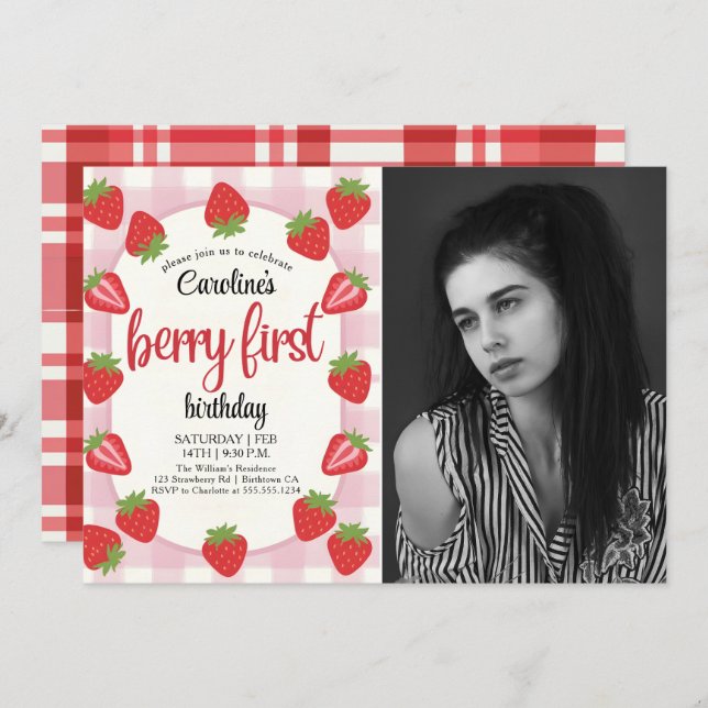 Strawberry 1st Birthday Party Berry First Photo Inbjudningar (Fram/baksida)