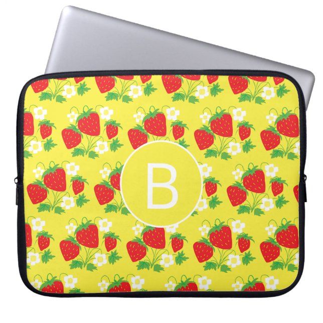 Strawberry and Flower Yellow Pattern Monogrammed Laptop Fodral (Framsidan)