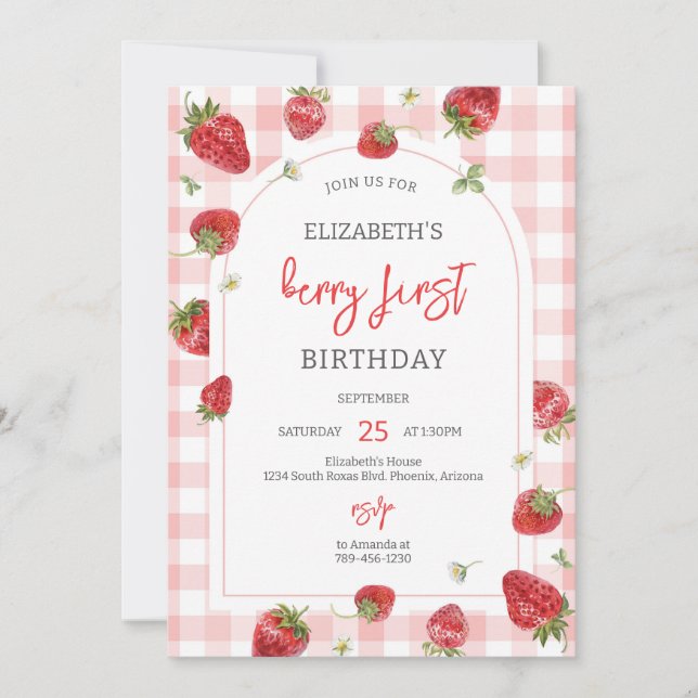 Strawberry Berry First 1st Birthday Invitation Inbjudningar (Framsida)