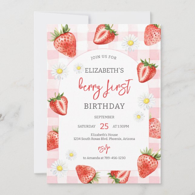 Strawberry Berry First 1st Birthday Invitation Inbjudningar (Framsida)