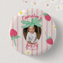 Strawberry Berry First Birthday Button with Photo Knapp
