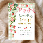Strawberry Berry First Birthday Invitation Inbjudningar<br><div class="desc">Strawberry Berry First Birthday Invitation,  Pink Gingham Bow Birthday Invite,  Sage Green Gingham 1st Birthday Invite</div>