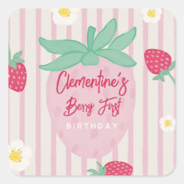 Strawberry Berry First Birthday Sticker Fyrkantigt Klistermärke