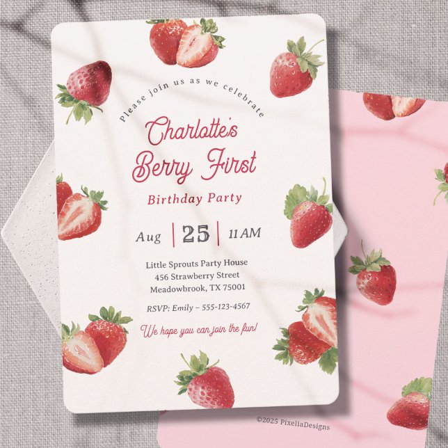 Strawberry Berry First Girl 1st Birthday Inbjudningar (Modern Berry First-Strawberry Themed Girl 1st Birthday invitation for Spring Birthday party.)