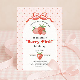 Strawberry Berry First Red Bow 1st Birthday Inbjudningar