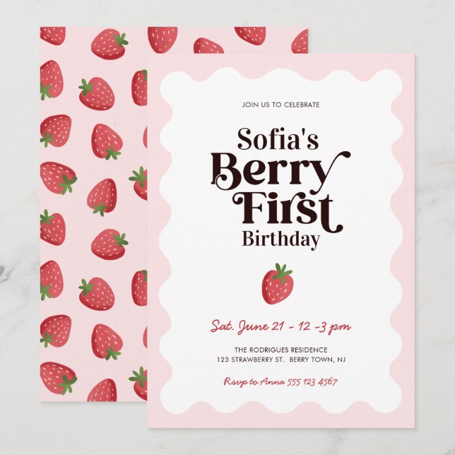Strawberry Berry Första 1:a Födelsedagen Inbjudningar (Fram/baksida)