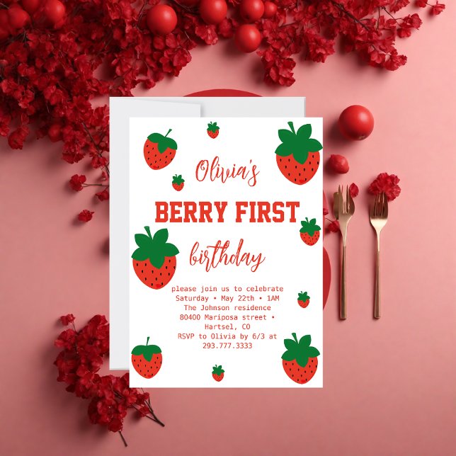 Strawberry Berry Första Födelsedag Inbjudningar (Skapare uppladdad)