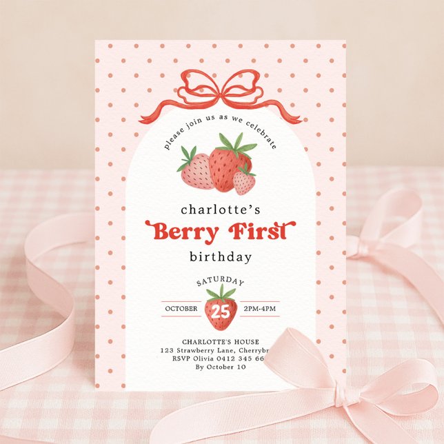Strawberry Berry Första Röda Band 1-årsdag Inbjudningar (Skapare uppladdad)
