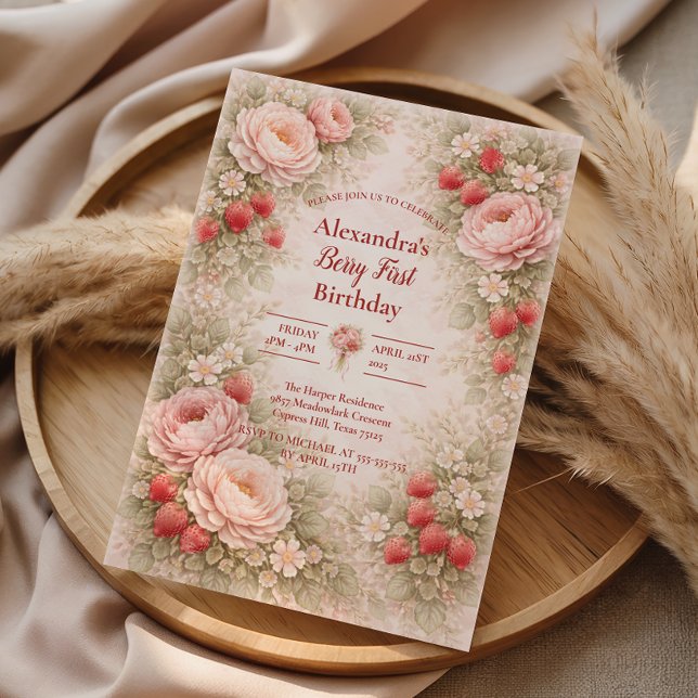 Strawberry Blush Garden Celebration 1st Birthday Inbjudningar (Skapare uppladdad)