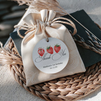 Strawberry Bow 1st Birthday Thank You Gåvor Etiketter